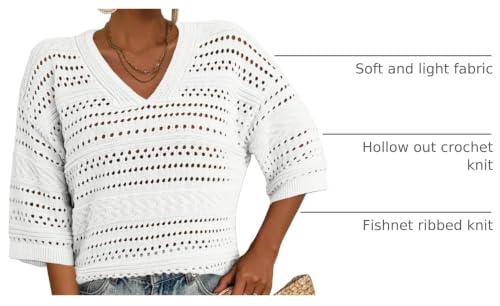 Image of Acelitt Crochet Tops for Women Summer Short Sleeve Sweater | Boho Striped Knit Top, 3 /4 Sleeve, Hollow Out Oversized Sweaters, Lightweight Blouses, Spring Fall Outfits for Beach Vacation