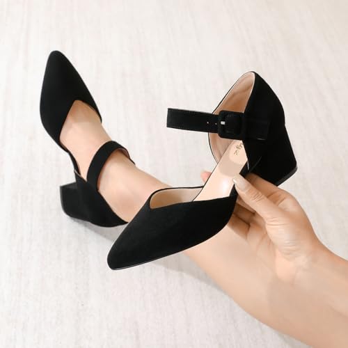 Image of RIBONGZ Comfortable Kitten Heels for Women Pointed Closed Toe Ankle Strap Buckle Heels Slip on Low Heel Church Pumps Wedding Bridal Party Dressy Shoes