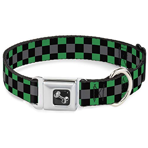 Buckle-Down DC-W30383-WL Dog Collar Seatbelt Buckle, Checker Black/Gray/2 Green, 18"-32"
