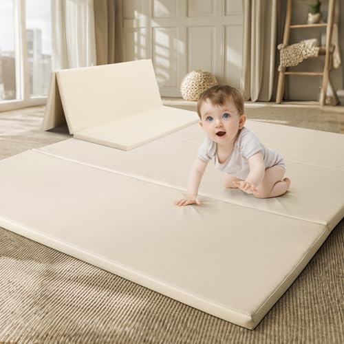 TODIBY Foam Baby Play Mat: PU Leather Waterproof Kids Playmat - Trifold Floor Mat - Large Play Mat for Playpen Thick Pad Fodable Mattress Soft Toddler Mattress Infant Cushion for Preschool (Beige)