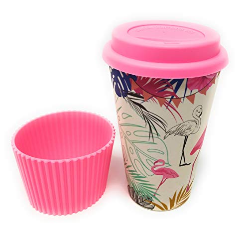 Kucly Tazas de Café para Llevar con Tapa Térmica y Diseños Bonitos/Reutilizable/Eco-Friendly (Bambú) / Manga Antideslizante (Flamenco)