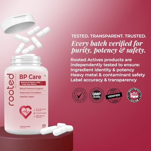Image of Rooted Actives BP Care | Beetroot 10:1 Extract with CoQ10, Grape Seed, Hibiscus, L-Citrulline & Garlic | Circulation & Heart Wellness Support | 100% Veg Capsules | 60 Capsules - 1 Month Supply