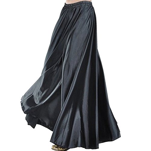 Ladies 90cm Satin Maxi Midi Skirt Long Dress Elastic Waist for Belly Dance Princess Party Cosplay Costume Black