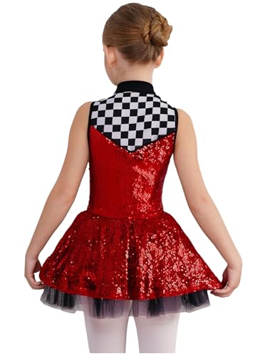 Girls Racer Cheer Leader Uniform Sequined Sleeveless Leotard with Checkered Tutu Skirt Outfit Red 4 Years2