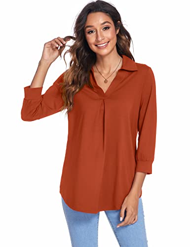 Newchoice Women's Collared V Neck 3/4 Sleeve Shirts Loose Business Casual Tops Trendy Dressy Work Blouses (Burnt Orange, S) #TOP1