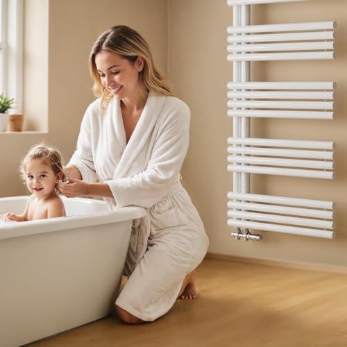 EMKE Runde Rohre Badheizkörper 153 x 60 cm, Handtuchheizkörper Seitenanschluss Badheizkörper Handtuchhalter Handtuchwärmer Handtuchtrockner Handtuch Heizkörper Bad Weiß 933W