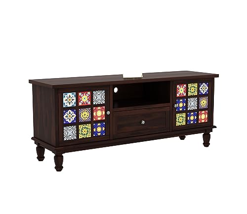 Image of Premium Solid Sheesham Wood TV Unit with 1 Drawer, 3 Shelves, and 2-Door Storage - Accommodates up to 55-Inch TV - Ideal for Elegant Living Rooms (Boho, Walnut Finish)