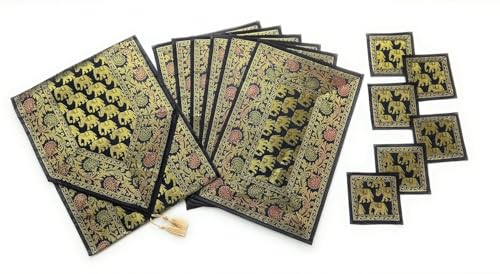 Image of Diwali Room Decor Silk Table Runner Placemats Tea Coaster Set for Living Room 4 to 6 Seater Dinning Table Table Mat Set Centre Table Top Decor Pack of 13 Pcs (Black)