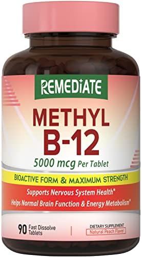 REMEDIATE Vitamin B12, Methylcobalamin 5000 mcg, Energy Production, Red Blood Cells Formation & Healthy Nervous System, Vegan, Natural Peach Flavor, No Sugar, Non-GMO, 90 Fast Dissolve Tablets