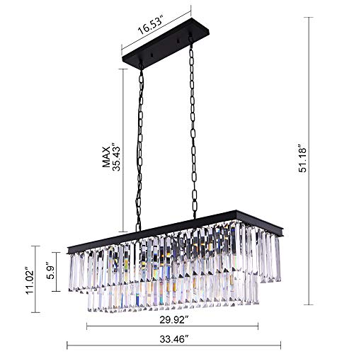 Wellmet Black Crystal Chandelier, 9-Light Modern Farmhouse Chandeliers Dining Room Lighting Fixture, Adjustable Rectangle Hanging Ceiling Light For Living Room,Pool Table Light, Kitchen Island #TOP2