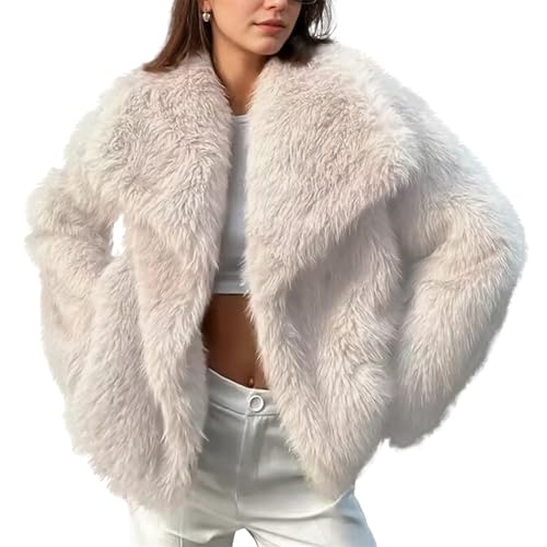 Image of Ainangua Womens Faux Fur Coat Shaggy Oversized Lapel Button Fuzzy Ladies Jackets Warm Winter Outfits(Beige,S)