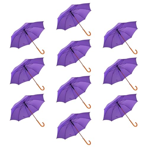 Paraguas automático morado de 98 cm con paño de poliéster y mango de madera en pack de 10 unidades