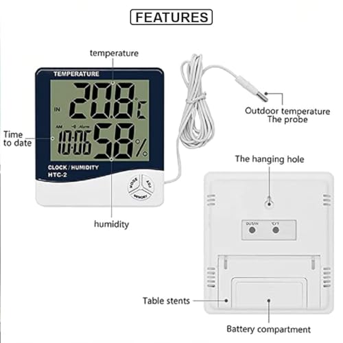 Image of MCP Healthcare Digital Thermometer Hygrometer HTC-2 Room Thermometer with Humidity Incubator Meter and Accurate Temperature Indicator Wall Mounting LCD Digital Clock Monitor for Indoor