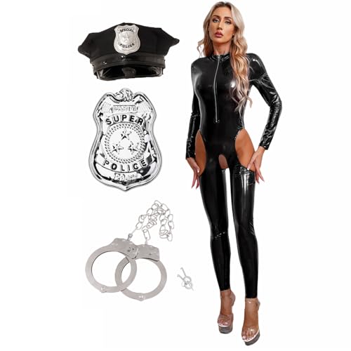 Yihuimin Bodystocking Femme Tenue Police avec Menottes Chapeau Costume Policière Sexy Combinaison Carnaval Halloween Mascarade Noir M
