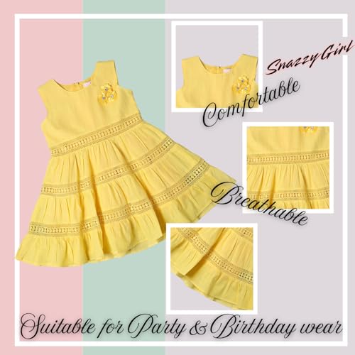 Image of Soft Cotton Lace Work Knee Length Fit & Flare Dress for Kids & Girls, Flower Embellished Frock for Casual & Special Occasion