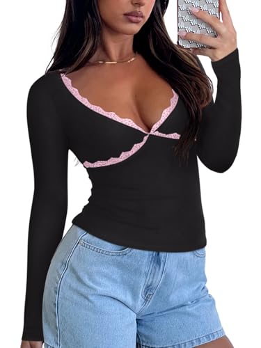 REORIA Sexy Lace Long Sleeve Shirts for Women V Neck Slim Fitted Y2K Trendy Fall Going Out Tops Clothing 5