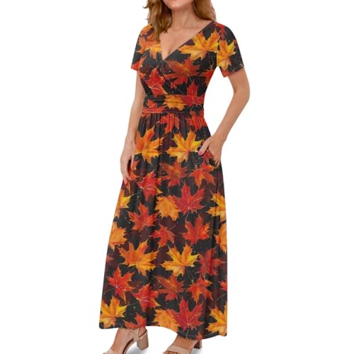 Image of Women's Fall Summer Short Sleeve Ankle Length V-Neck Party Dress with Pockets Size S-3XL
