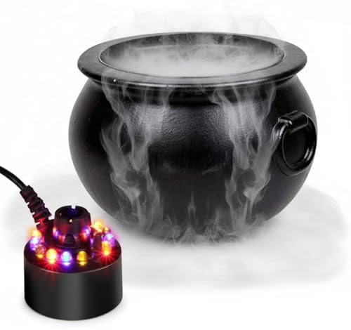 PMU Halloween 2pc Multi Pack 12in Black Plastic Cauldron with Mist Maker & Multicolor Fogger Pot Witches Witch Cauldron for Halloween Party Decorations Porch Home Decor (1) 12in 55120 (1) 49500