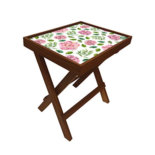Image of Nutcase Designer Teak Wood Side Table Folding Wooden Bedside Coffee Outdoor Picnic Table - Pink Florals