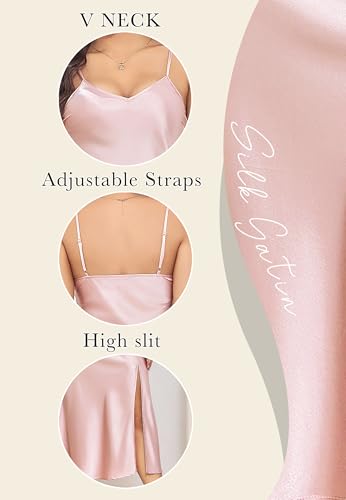 Image of ALCEA ROSEA Women's Long Satin Slip Dress Nightgowns Sexy Lingerie Adjustable Strap Midi Dress Silky Gown V Neck Under Dress
