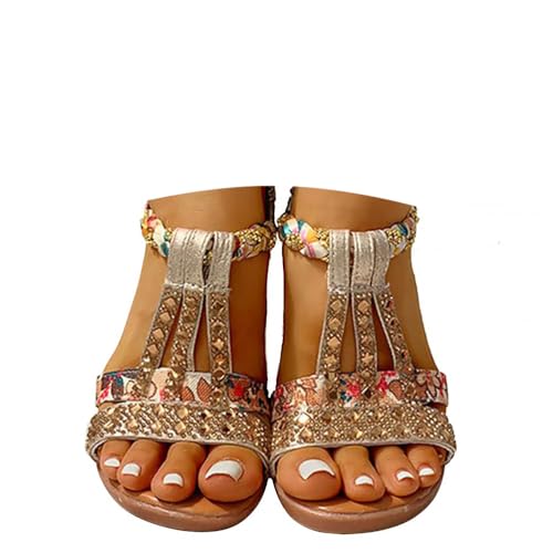 Onsoyours Frauen Sandalen Sommer Boho Offene Schuhe Rom Damen Freizeit Elastischen Knöchelriemchen Keilabsatz Sandals Party Sommerschuhe Strandsandalen mit Strass 01 Gold 43 EU