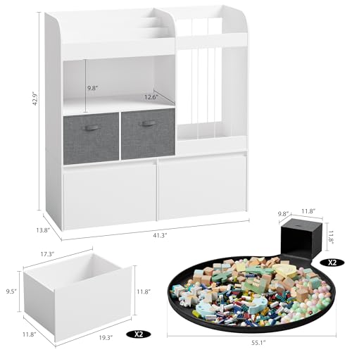 Image of 42.9'' Toy Storage, Large Stuffed Animal Holder with Toy Chest and Play Mat, Toy Organizer with Kids Bookshelf, Wooden Organization with 2 Movable Drawers for Kids Room Bedroom Playroom,White