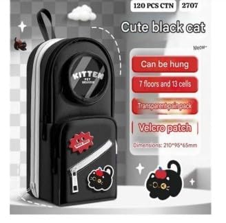 Image of Invite Cute Backpack Style Pencil Case with Visible Display Window, Multi-Layer Large Capacity Stationery Organizer for Kids & Students (Kitten-Black Pouch)