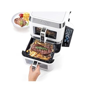 Salter VertiCook View Air Fryer - Vertikale Doppelschublade, Kochen auf 4 Ebenen, XL 9L Kapazität - 2 x 4.5L Körbe, 2 Schubladen & 2 Roste, Platzsparend, 12 Funktionen, Sync & Match, PFAS-frei, Weiß