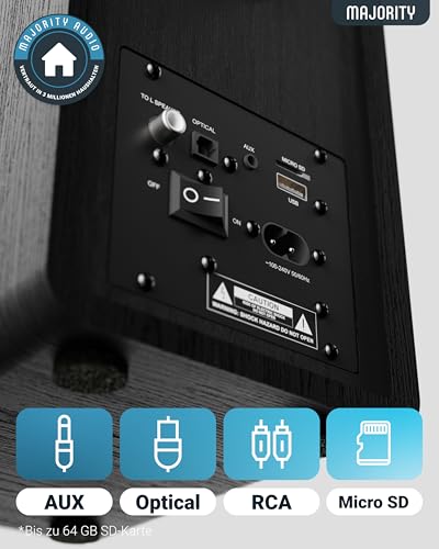 MAJORITY D40X Aktiv Regallautsprecher | 70W 2.0 Gelber Kevlar-Kegel Monitor Lautsprecher | Studio Monitor mit Bluetooth | Bookshelf HiFi Speakers mit Optische, RCA, USB AUX & Inklusive Fernbedienung – Bild 6