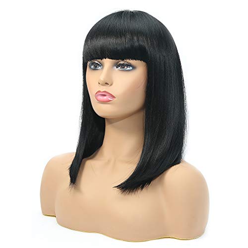 BLSWANER Bob Wigs Short Straight Yaki Synthetic Full Hair Black Wig for Women