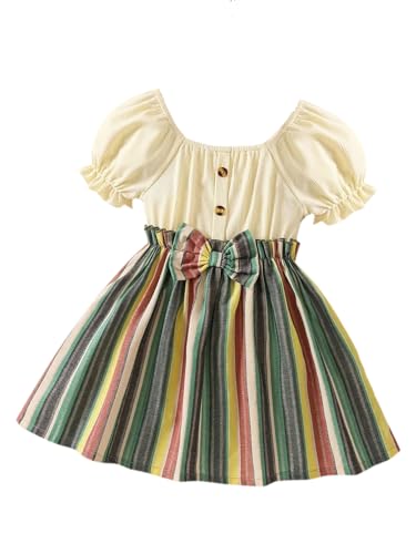 Image of TAGAS Toddler Girls Striped Print Puff Sleeve Bow Front Dress || Stripe Pattern Dress for Kids || A Line Dress || Puff Sleeve Dress for Kids || Casual Dress (KD-202)
