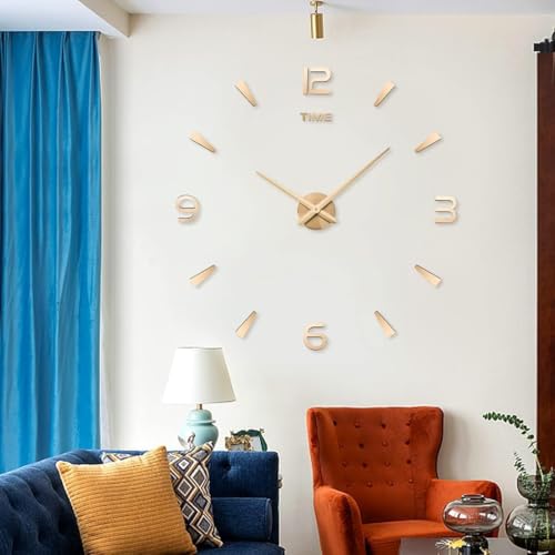 Image of Large DIY Wall Clock Kit | Frameless Modern 3D Wall Clock with Mirror Number Stickers for Home Living Room Bedroom Office Decoration (Gold-1)