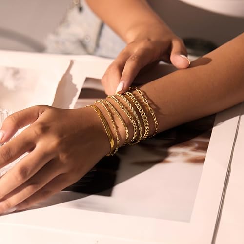 Gold Bracelets for Women, 14K Gold Plated Dainty Layered Cuban Link Paperclip Chain Herribone Bracelets Cute Stackable Gold Chain Bracelet Set for Women Trendy Jewelry Gifts2