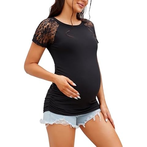 Womens Maternity Shirts Lace Short Sleeve Round Neck Side Ruched Pregnancy Tops Summer Maternity Clothes Black XL Cover