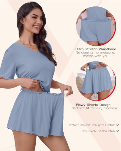Image of Bamboo Viscose Pajamas for Women Set 2 Piece Comfy Lounge Sets Soft Tshirt & Sleep Pjs Shorts with Rose Applique