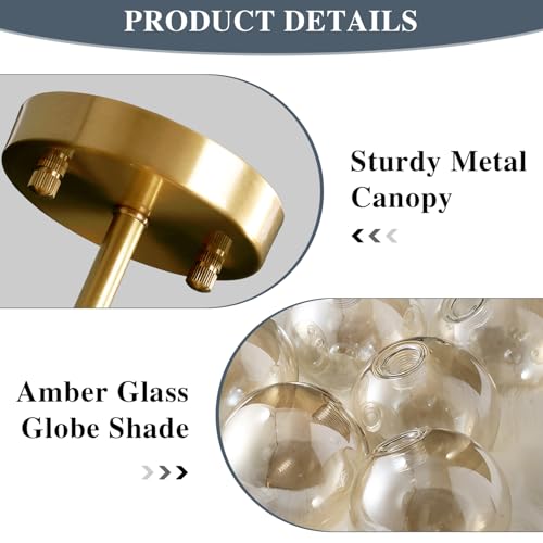 Image of KCO Lighting 5-Light Amber Glass Globe Chandelier Brush Gold Semi Flush Mount Ceiling Light Mid-Century Modern Close to Ceiling Light for Living Room Bedroom Foyer (5-Light)