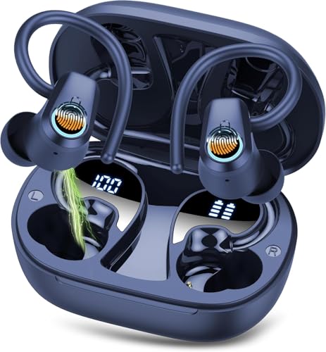 Auriculares Inalambricos Deportivos, Auriculares Bluetooth 5.3 con HD Mic, Pantalla LED, 50H Cascos Inalambricos Bluetooth HiFi Estéreo, Cancelacion Ruido ENC Cascos para Running, IP7 Impermeable,Azul