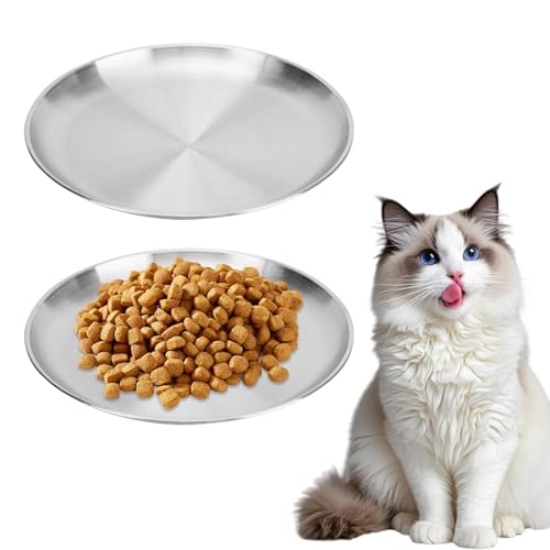 2 cuencos para gatos de acero inoxidable, 14 cm, bandeja redonda pequeña de acero inoxidable, bandeja decorativa para pizza, plato de acero inoxidable, plato para servir, bandeja decorativa para pizza