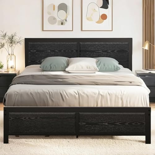 VECELO Bettgestell 140 x 200 cm, Metallbett mit Dick Holzkopfteil und Lattenrost, Doppelbett mit Stauraum unter dem Bett, perfekt für Schlafzimmer,...