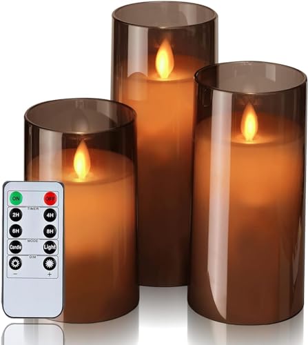 Image of LTETTES Flameless LED Electric Candles with Acrylic Grey Glass and Dancing Faux Wick | Set of 3-4 inch,5 inch,6 inch x 3 inch Diameter| AA Battery Powered with Remote Controller and Timer for Home Decor