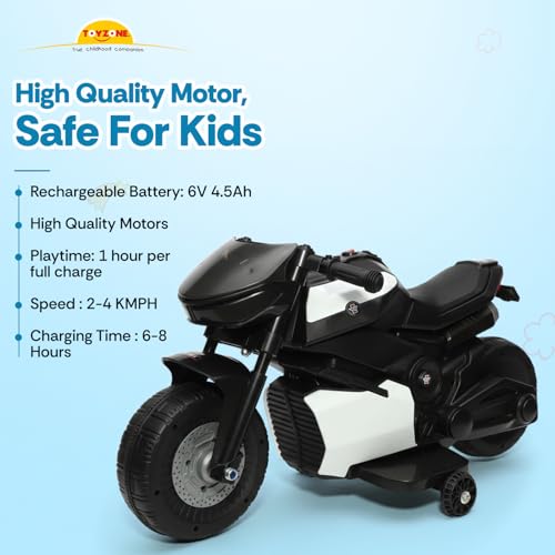 Image of Toyzone Charlie Mini Electric Bike (Black & White) | 6V Rechargeable Bike with 4.5Ah Battery | LED Lights, Music | Smooth Acceleration | 6M Battery Warranty | Age 1.5-4 Years, Upto 30 kg