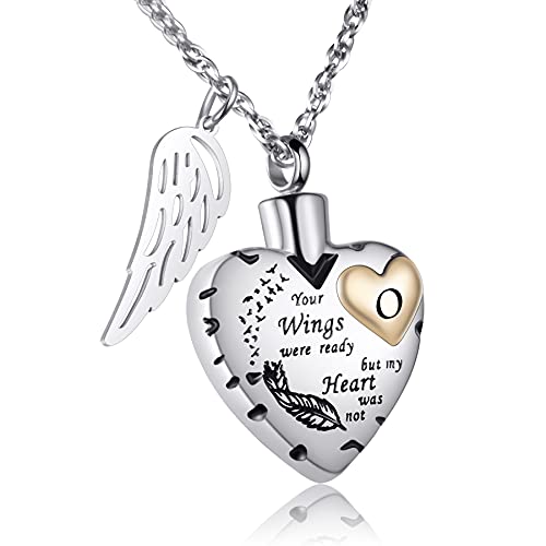 O Letter Urn Necklace for Ashes A-Z Heart Cremation Jewelry for Ashes, Stainless Steel Angel Wings Pendant Memorial Keepsake Jewelry Infinity Love Locket with 22+2  Chain & Filling Kit & Bag & Wipes