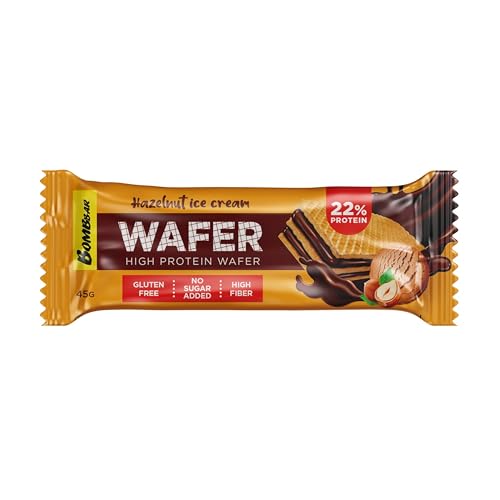 Bombbar High Protein Wafer with Hazelnut Ice Cream Flavor, Gluten Free, High Fiber and No Sugar Added 12x45g