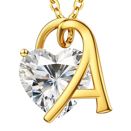 Fullove A+ Heart Initial Necklace for Her, 3ct Heartshape Moissanite,Sterling Silver Jewelry,18K Gold Plated, Letter Gifts for Wife, Girlfriend, Daughter, Mom, Women