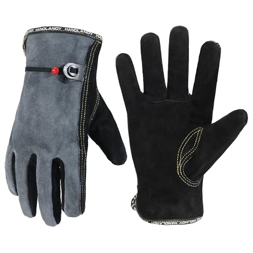 HANDLANDY Leather Work Gloves for Men and Women, Utility Tough Cowhide Glove Black-grey Men's XL/Women's XXL
