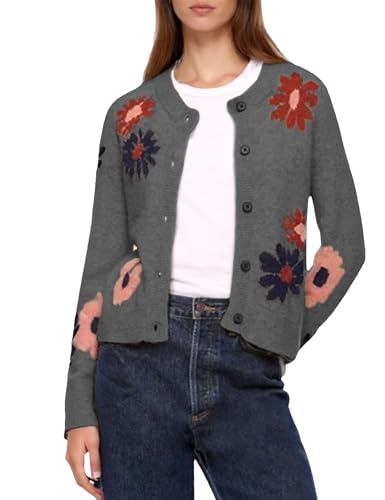 Image of Cardigan Sweaters for Women Cropped Button Down Sweater Long Sleeve Crew Neck Knit Floral Print Outwear