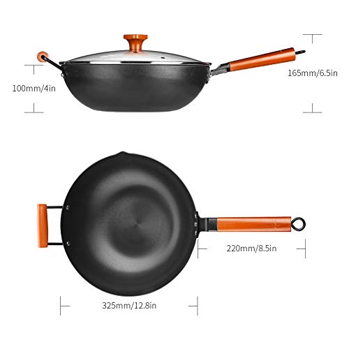 SKY LIGHT Wok Pan with Lid, No Chemical Stir Fry Pan 12.5-inch, 100% Carbon Steel Chinese Iron Pot with Detachable Wooden Handle, Scratch Resistant Flat Bottom for Electric, Induction & Gas Stoves - Thumbnail 7