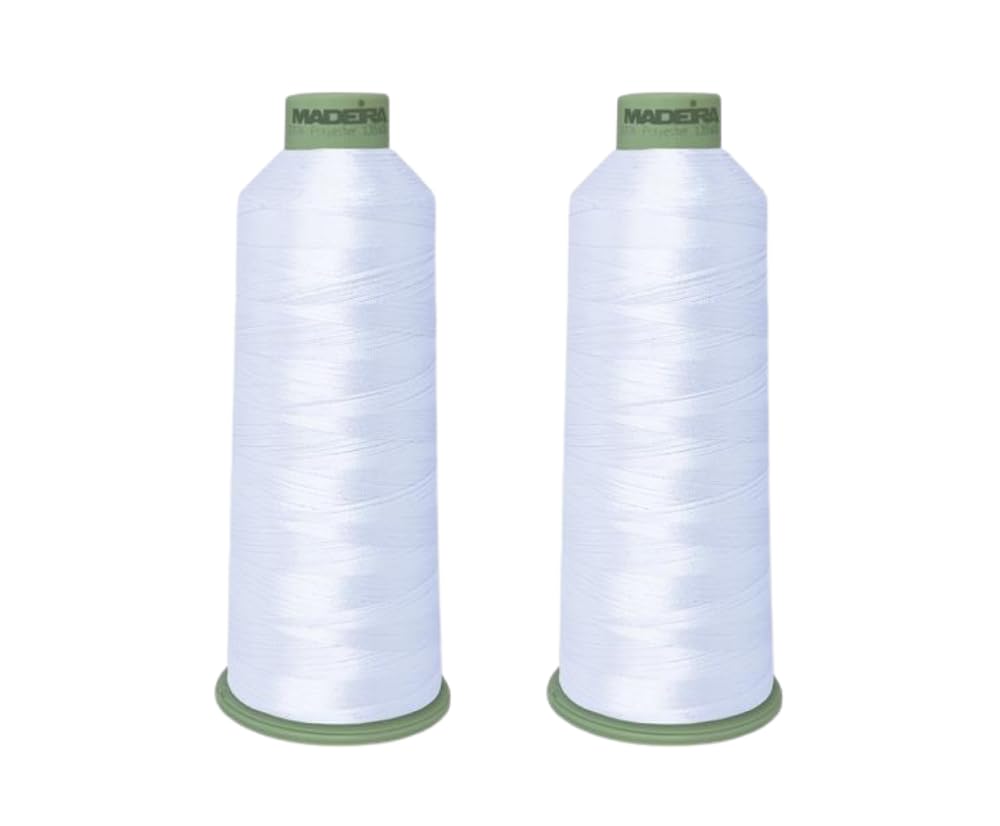 Madeira Polyneon 1801 - White Polyester Embroidery Machine Thread, 5500 Yards, #40 Weight All Purpose Sewing - Cone - Huge Spool, Polyneon Green 100% Recycled, (Thread Solution 2 Pack - 1801)