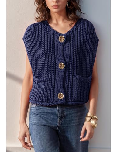 Image of Women's Sleeveless Chunky Knit Cardigan V-Neck Button Down Vest Casual Loose-Fitted Crochet Sweater with Pockets 2024