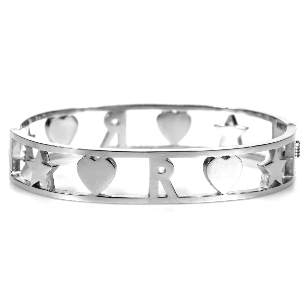 Flowers Bracciale Rigido a Manetta Interamente in Acciaio e zirconcini con Lettera Iniziale Nome e cuori Colorazioni Oro e Argento